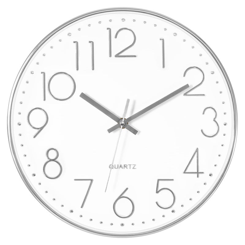 Foxtop Silver Wall Clock Silent Non-Ticking Battery Operated Round Modern Wall Clock for Office School Home Living Room Bedroom Bathroom Kitchen Decor 12 inch - Image 1